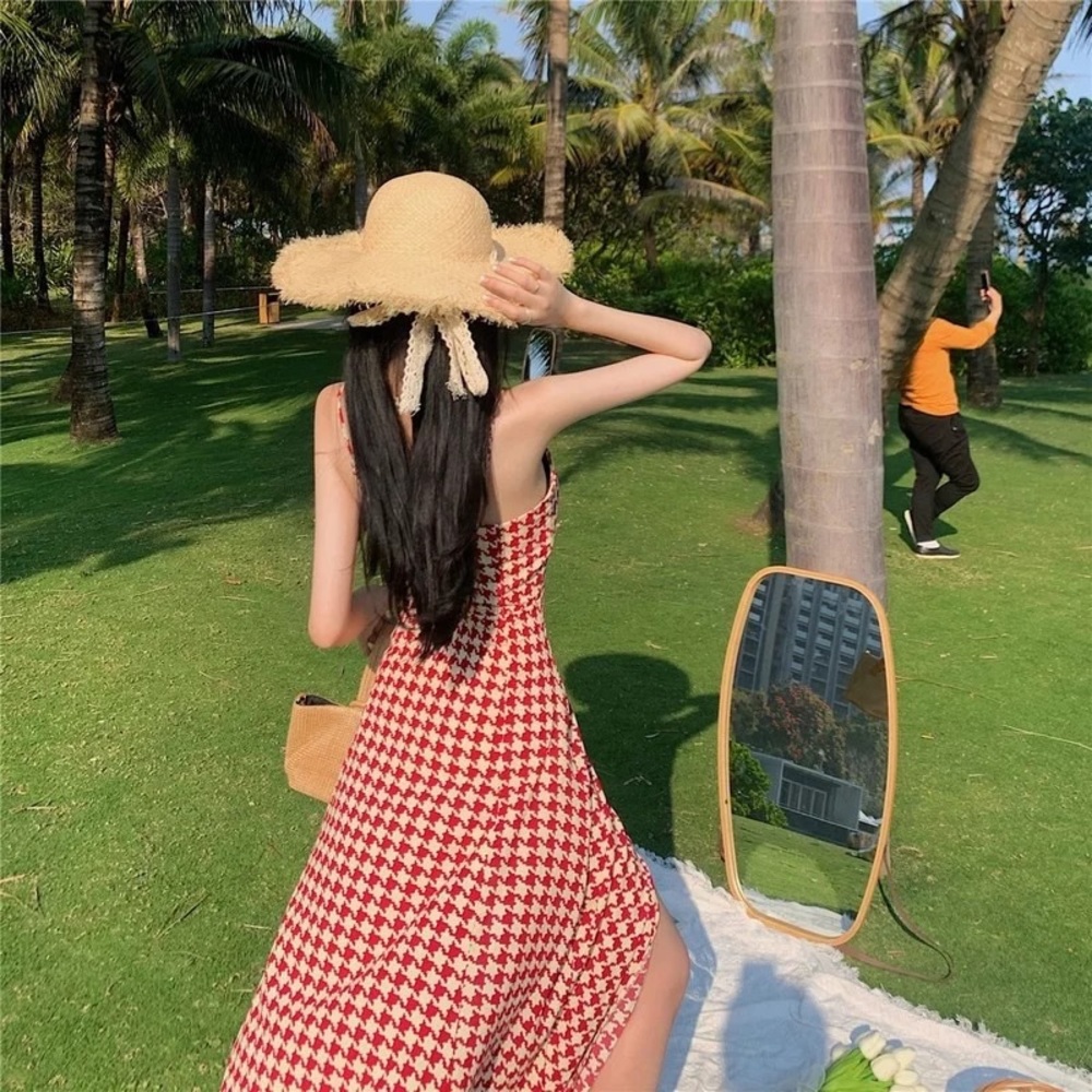 🌸 Vintage Strap Plaid Dress Women Summer Designer